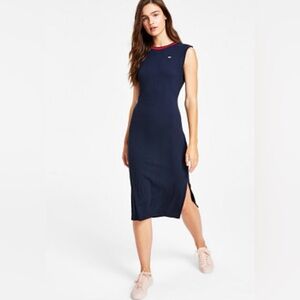 Tommy Hilfiger Navy Sleeveless Ribbed Midi Dress with Side Slit